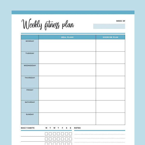 Printable Weekly Fitness Planner, Instant Download PDF