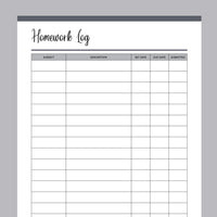 Printable Student Homework Log - Grey