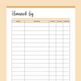 Printable Student Homework Log - Orange