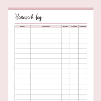 Printable Student Homework Log - Pink
