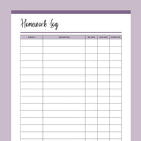 Printable Student Homework Log - Purple