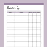 Printable Student Homework Log - Purple