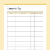 Printable Student Homework Log - Yellow