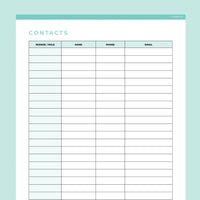 Quick Contacts Sheet Editable - Teal