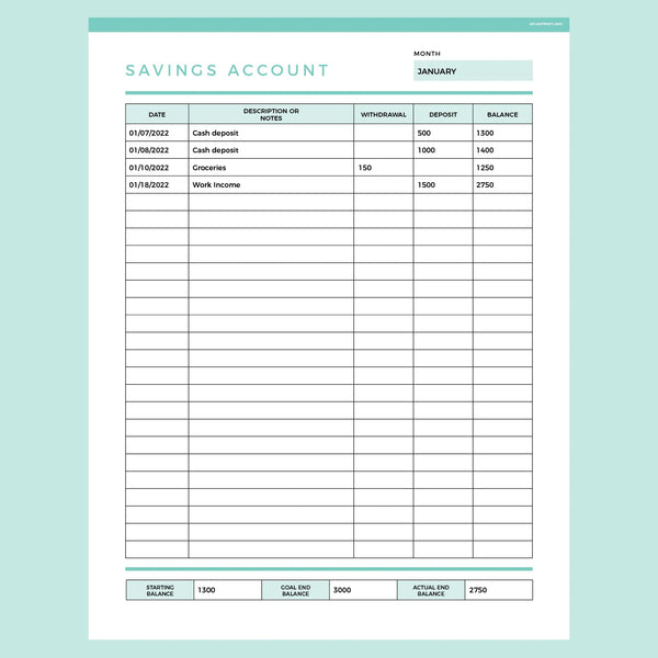 Savings Account Balance Tracker Editable