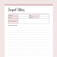 Surgical History Template Printable - Pink