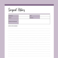 Surgical History Template Printable - Purple