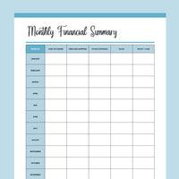 Printable Monthly Financial Summary - Blue