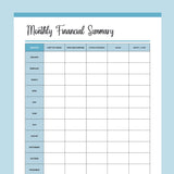 Printable Monthly Financial Summary - Blue