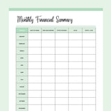 Printable Monthly Financial Summary - Green