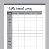Printable Monthly Financial Summary - Grey