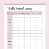 Printable Monthly Financial Summary - Pink