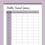 Printable Monthly Financial Summary - Purple