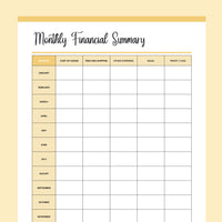 Printable Monthly Financial Summary - Yellow