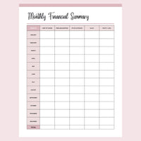 Printable Monthly Financial Summary