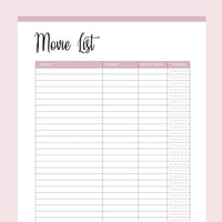 Printable Movie List - Pink