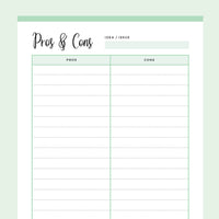 Printable pros and cons list - Green