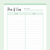 Printable pros and cons list - Green