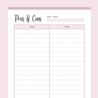 Printable pros and cons list - Pink