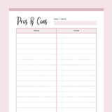 Printable pros and cons list - Pink