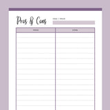Printable pros and cons list - Purple