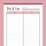 Printable pros and cons list - Red