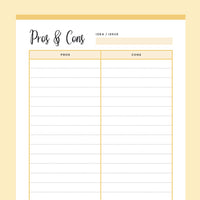 Printable pros and cons list - Yellow
