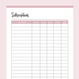 Pink Printable Subscription Tracker