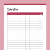 Printable Subscription Tracker - Red